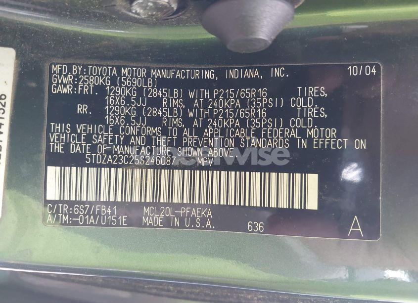 Photo 9 of 2005 Toyota Sienna LE (VIN 5TDZA23C25S246087)