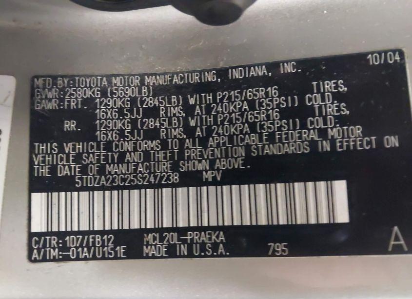 Photo 9 of 2005 Toyota Sienna LE (VIN 5TDZA23C25S247238)