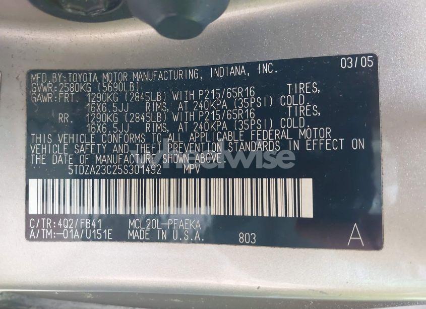 Photo 9 of 2005 Toyota Sienna LE (VIN 5TDZA23C25S301492)