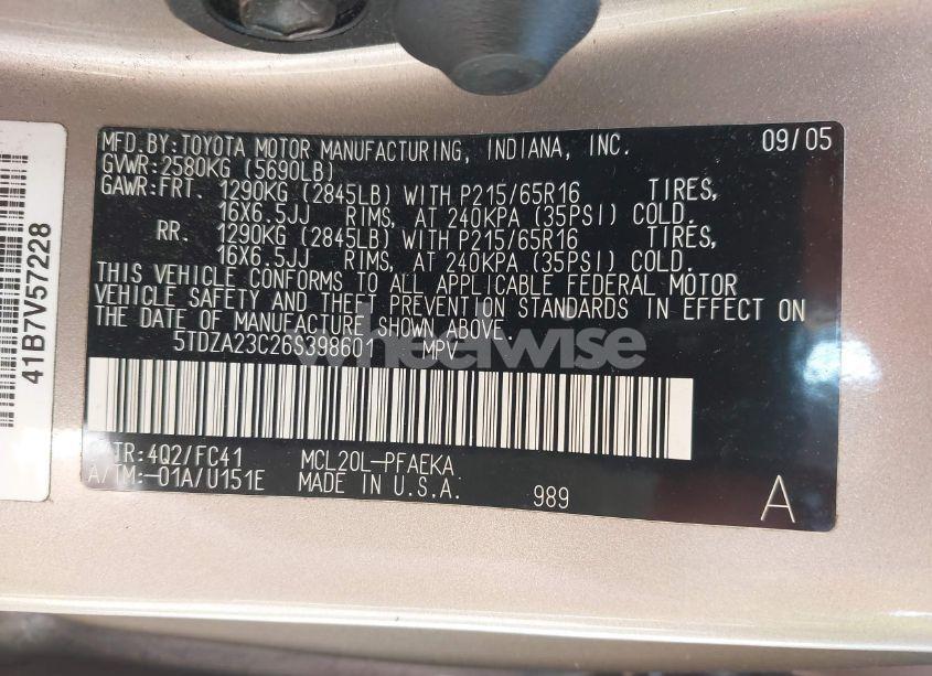 Photo 9 of 2006 Toyota Sienna LE (VIN 5TDZA23C26S398601)