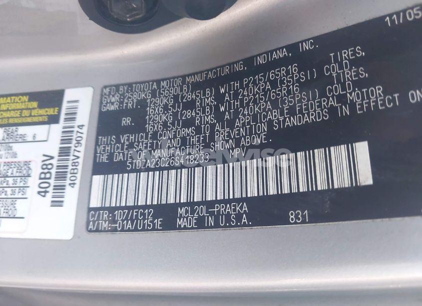 Photo 9 of 2006 Toyota Sienna LE (VIN 5TDZA23C26S418233)