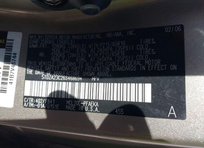Photo 9 of 2006 Toyota Sienna CE (VIN 5TDZA23C26S468694)