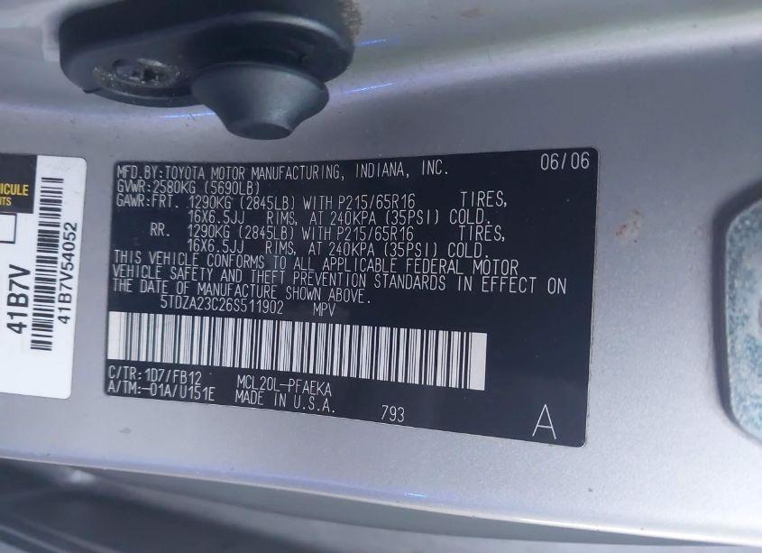 Photo 9 of 2006 Toyota Sienna CE/LE (VIN 5TDZA23C26S511902)