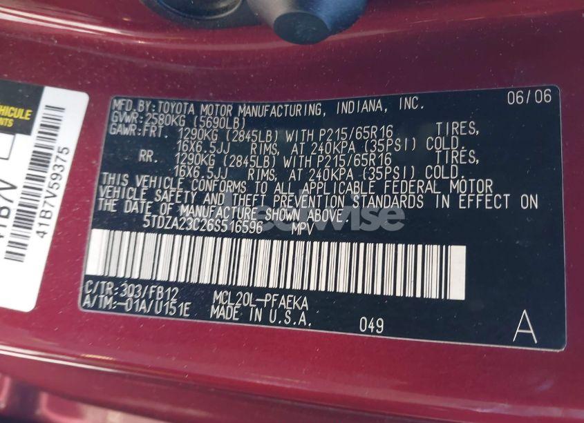 Photo 9 of 2006 Toyota Sienna CE (VIN 5TDZA23C26S516596)