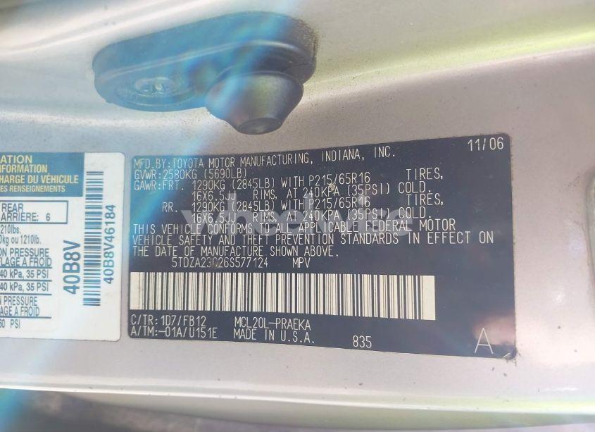 Photo 9 of 2006 Toyota Sienna CE (VIN 5TDZA23C26S577124)
