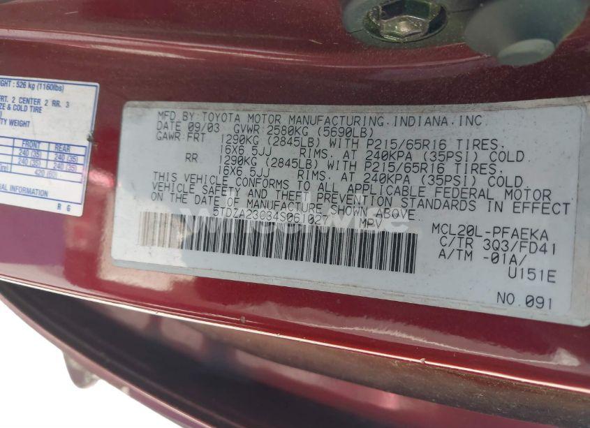 Photo 9 of 2004 Toyota Sienna CE (VIN 5TDZA23C34S061027)