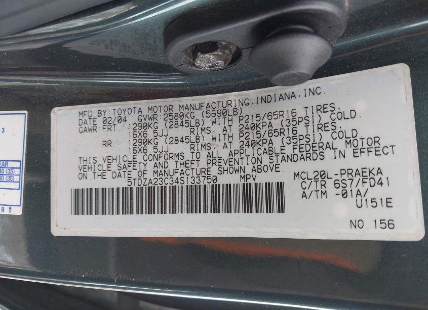 Photo 9 of 2004 Toyota Sienna CE (VIN 5TDZA23C34S133750)