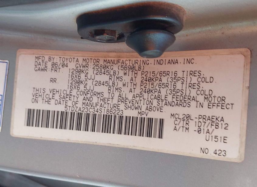 Photo 9 of 2004 Toyota Sienna LE (VIN 5TDZA23C34S186223)