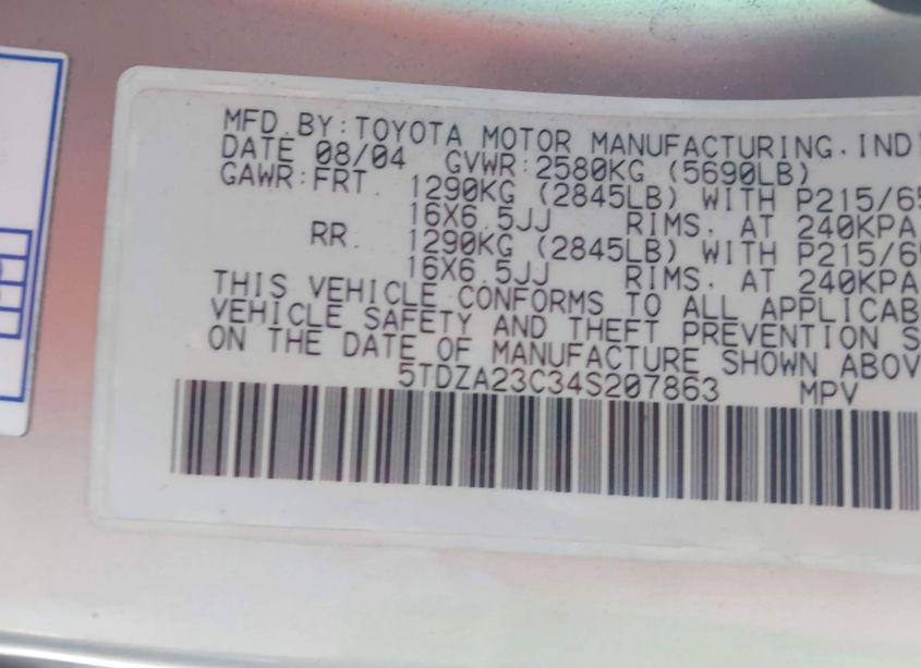 Photo 9 of 2004 Toyota Sienna CE (VIN 5TDZA23C34S207863)