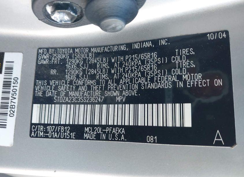 Photo 9 of 2005 Toyota Sienna LE (VIN 5TDZA23C35S236247)