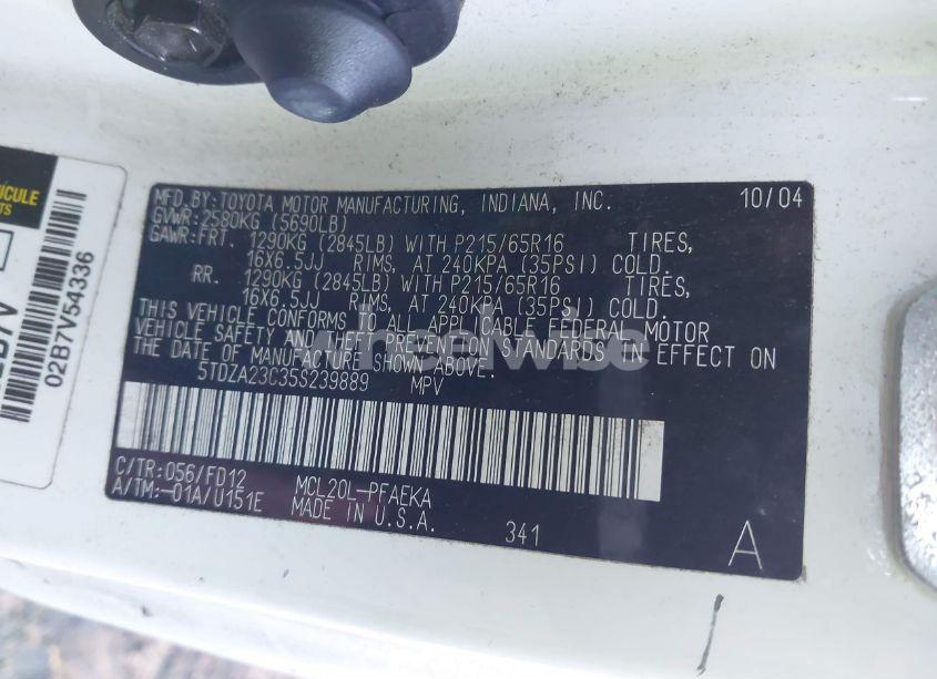 Photo 9 of 2005 Toyota Sienna CE (VIN 5TDZA23C35S239889)