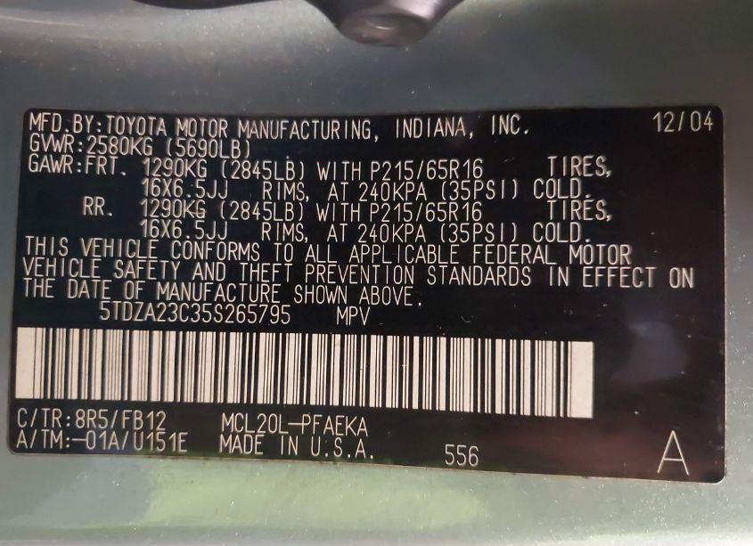 Photo 9 of 2005 Toyota Sienna LE (VIN 5TDZA23C35S265795)