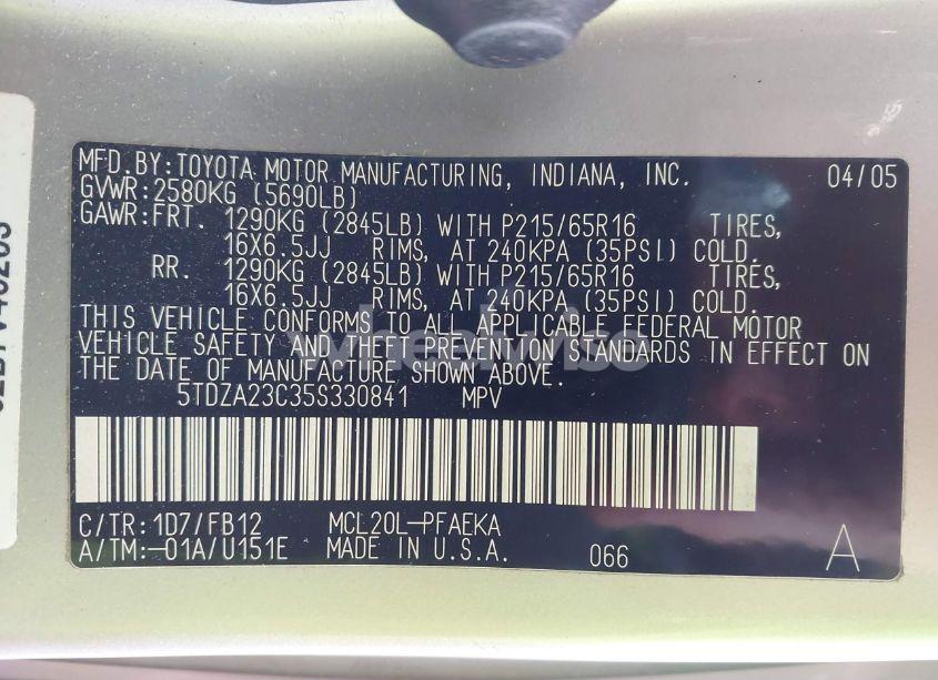 Photo 9 of 2005 Toyota Sienna LE (VIN 5TDZA23C35S330841)