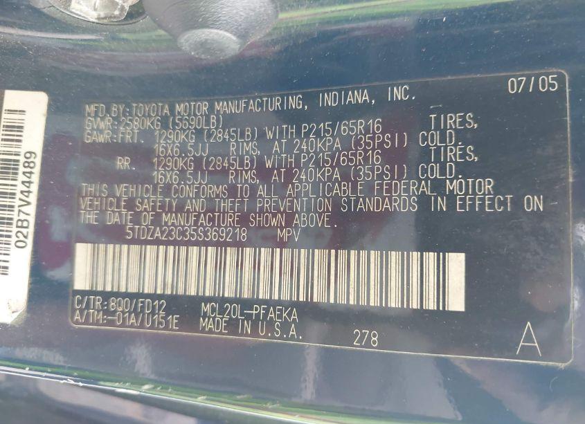 Photo 9 of 2005 Toyota Sienna CE (VIN 5TDZA23C35S369218)