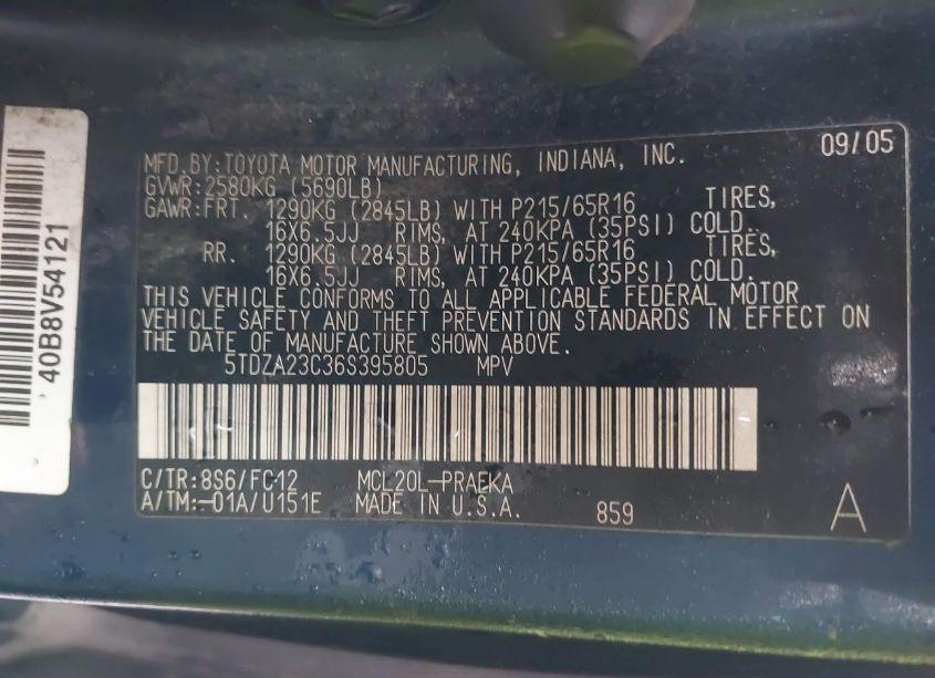 Photo 9 of 2006 Toyota Sienna LE (VIN 5TDZA23C36S395805)