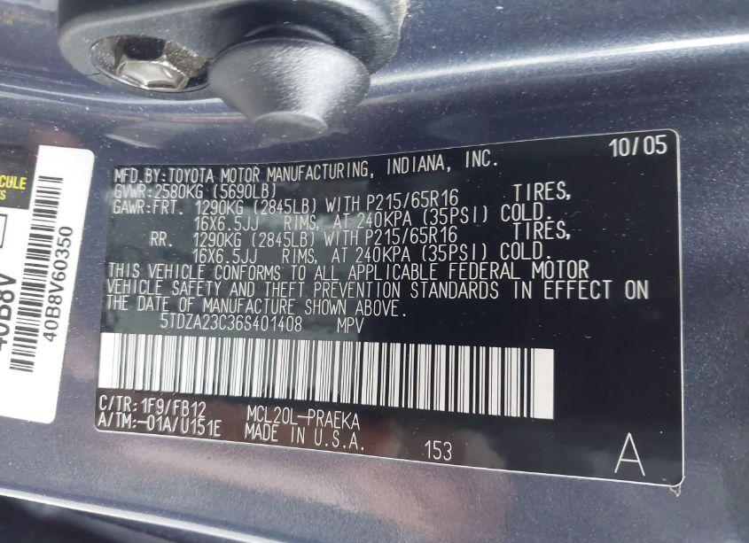 Photo 9 of 2006 Toyota Sienna CE (VIN 5TDZA23C36S401408)