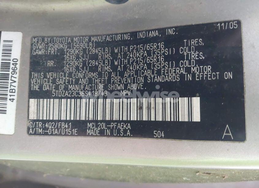 Photo 9 of 2006 Toyota Sienna CE (VIN 5TDZA23C36S418743)