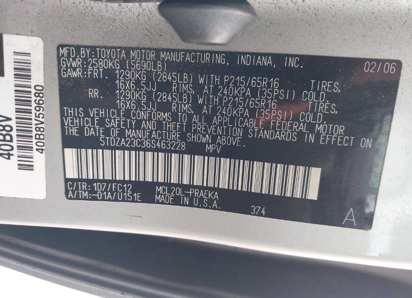 Photo 9 of 2006 Toyota Sienna LE (VIN 5TDZA23C36S463228)
