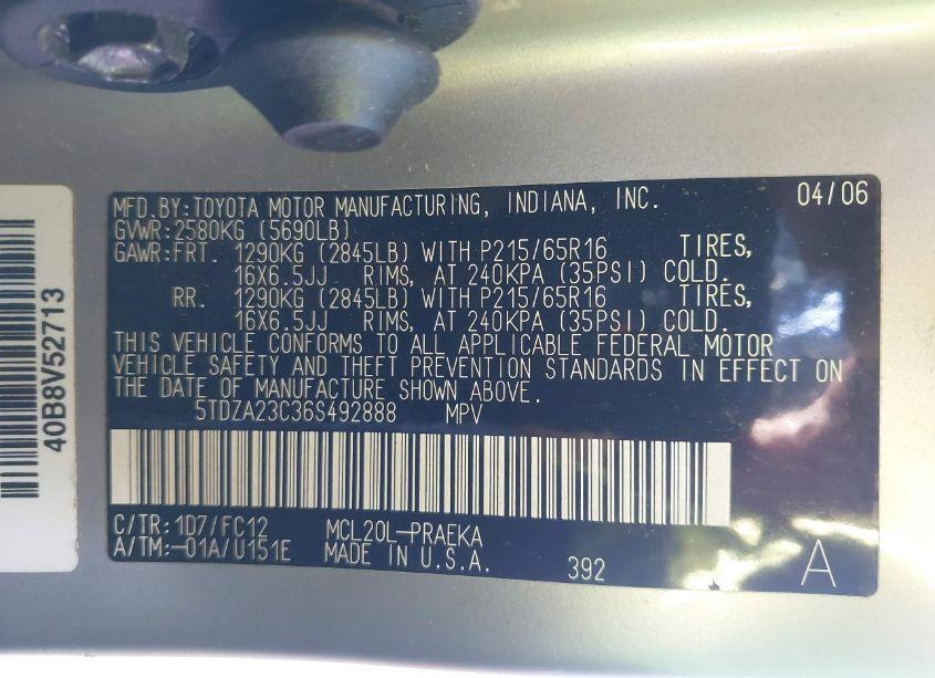 Photo 9 of 2006 Toyota Sienna LE (VIN 5TDZA23C36S492888)