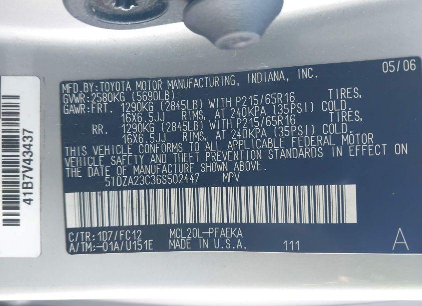 Photo 9 of 2006 Toyota Sienna CE/LE (VIN 5TDZA23C36S502447)