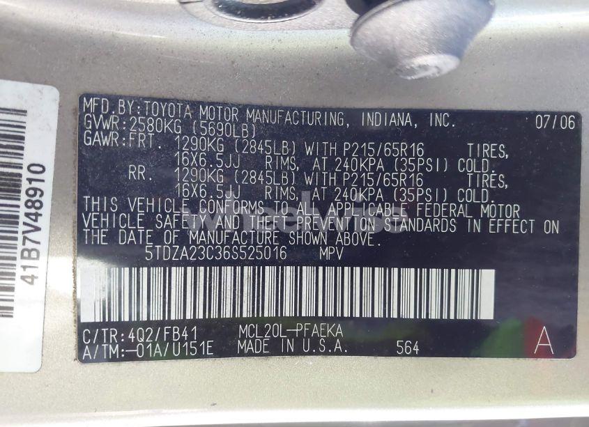 Photo 9 of 2006 Toyota Sienna CE (VIN 5TDZA23C36S525016)