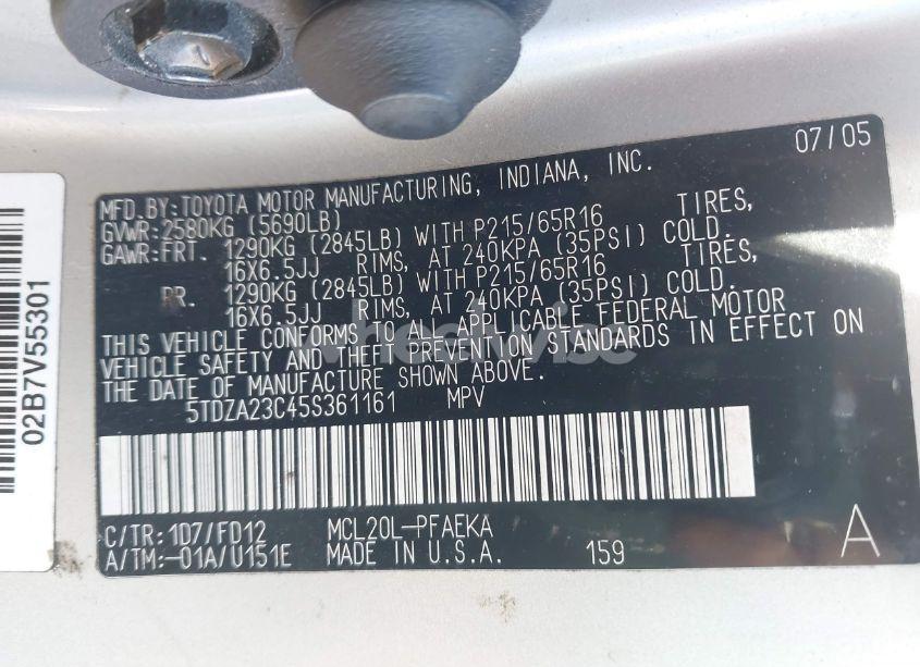 Photo 9 of 2005 Toyota Sienna CE (VIN 5TDZA23C45S361161)