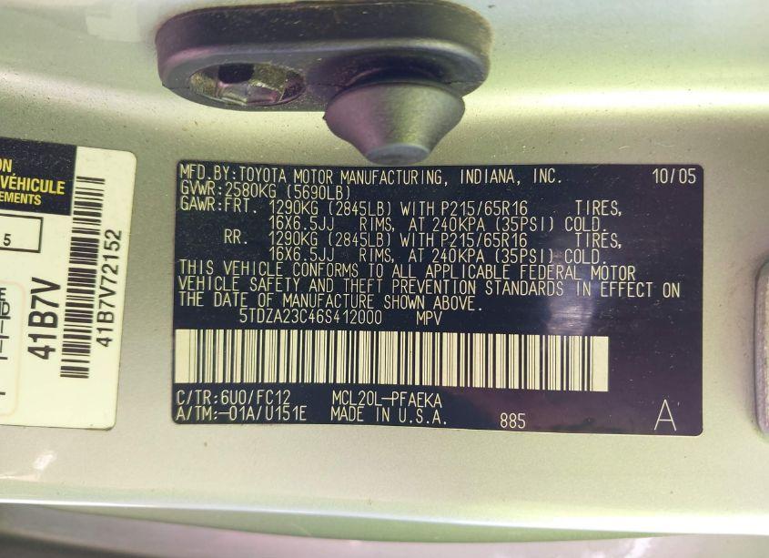 Photo 9 of 2006 Toyota Sienna LE (VIN 5TDZA23C46S412000)