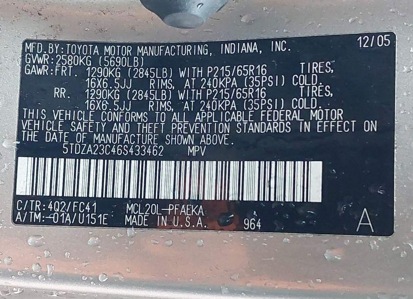 Photo 9 of 2006 Toyota Sienna LE (VIN 5TDZA23C46S433462)