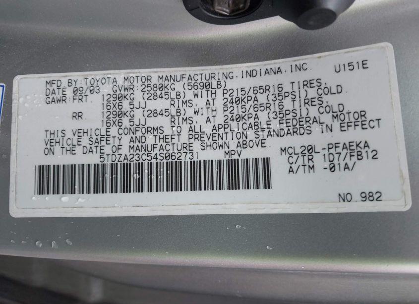 Photo 9 of 2004 Toyota Sienna LE (VIN 5TDZA23C54S062731)