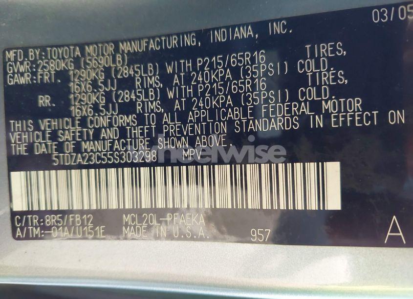 Photo 9 of 2005 Toyota Sienna LE (VIN 5TDZA23C55S303298)