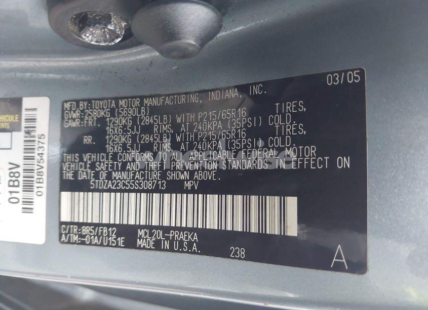 Photo 9 of 2005 Toyota Sienna LE (VIN 5TDZA23C55S308713)