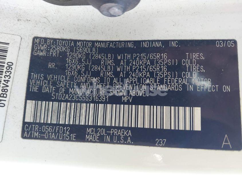 Photo 9 of 2005 Toyota Sienna CE (VIN 5TDZA23C55S316391)