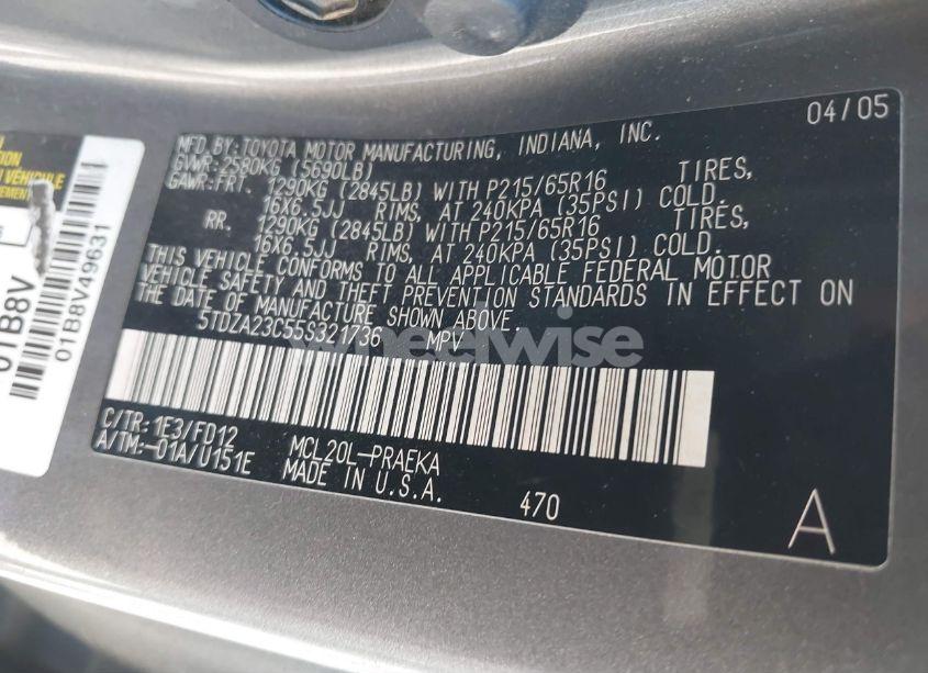 Photo 9 of 2005 Toyota Sienna CE (VIN 5TDZA23C55S321736)