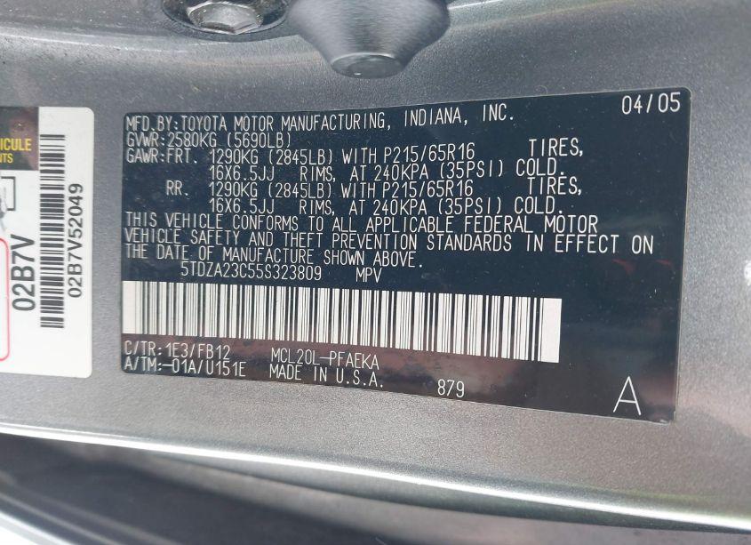 Photo 9 of 2005 Toyota Sienna LE (VIN 5TDZA23C55S323809)