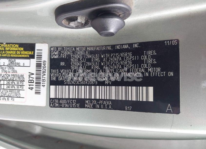 Photo 9 of 2006 Toyota Sienna LE (VIN 5TDZA23C56S420879)