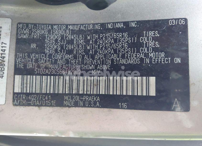 Photo 9 of 2006 Toyota Sienna LE (VIN 5TDZA23C56S482802)