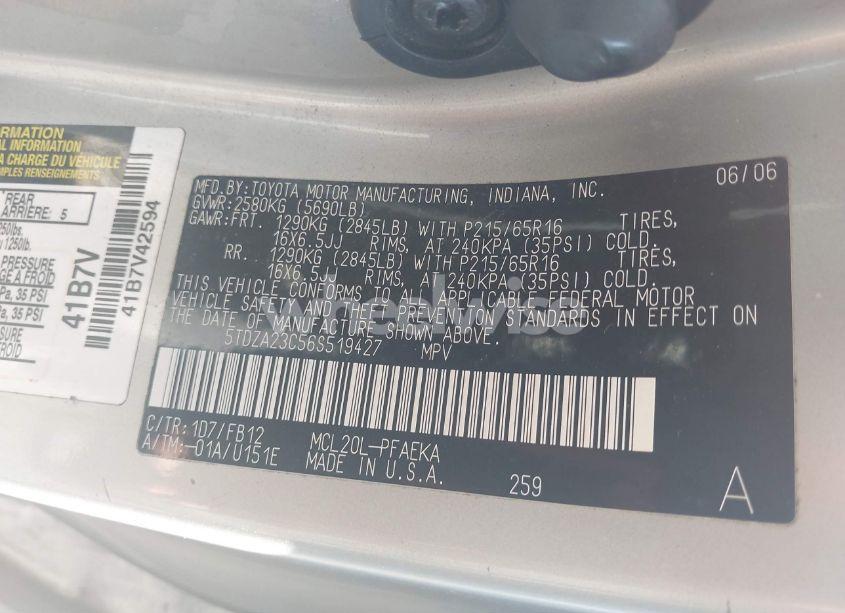 Photo 9 of 2006 Toyota Sienna CE (VIN 5TDZA23C56S519427)