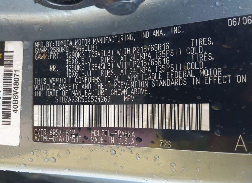 Photo 9 of 2006 Toyota Sienna CE (VIN 5TDZA23C56S524269)