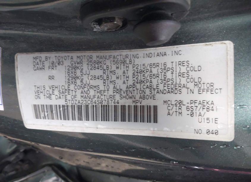 Photo 9 of 2004 Toyota Sienna LE (VIN 5TDZA23C64S078744)