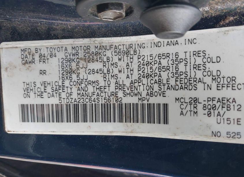 Photo 9 of 2004 Toyota Sienna LE (VIN 5TDZA23C64S156102)