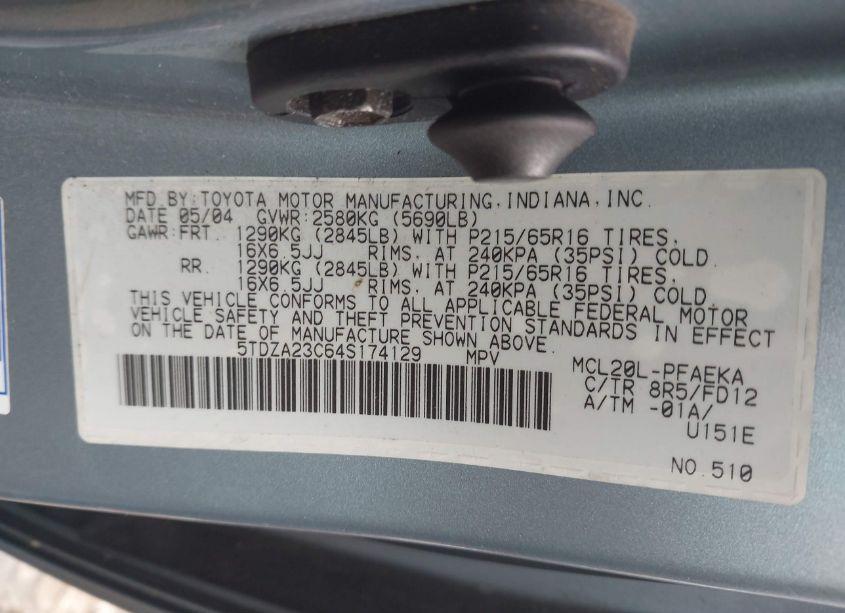 Photo 9 of 2004 Toyota Sienna CE (VIN 5TDZA23C64S174129)