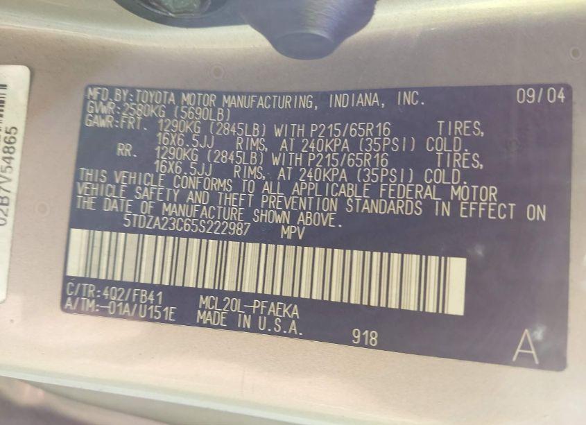 Photo 9 of 2005 Toyota Sienna LE (VIN 5TDZA23C65S222987)