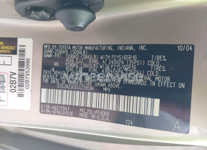 Photo 9 of 2005 Toyota Sienna CE/LE (VIN 5TDZA23C65S239594)