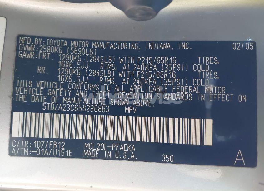 Photo 9 of 2005 Toyota Sienna LE (VIN 5TDZA23C65S296863)