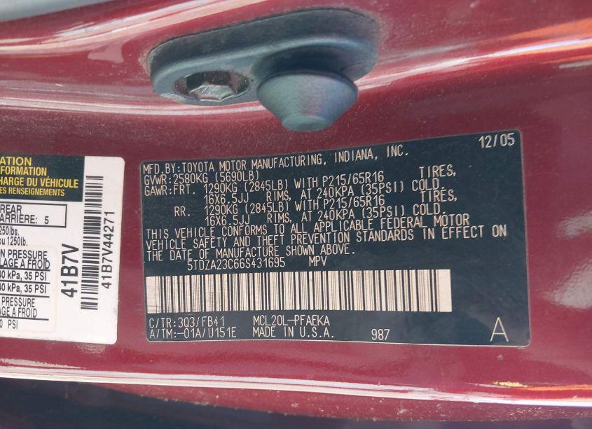 Photo 9 of 2006 Toyota Sienna CE (VIN 5TDZA23C66S431695)