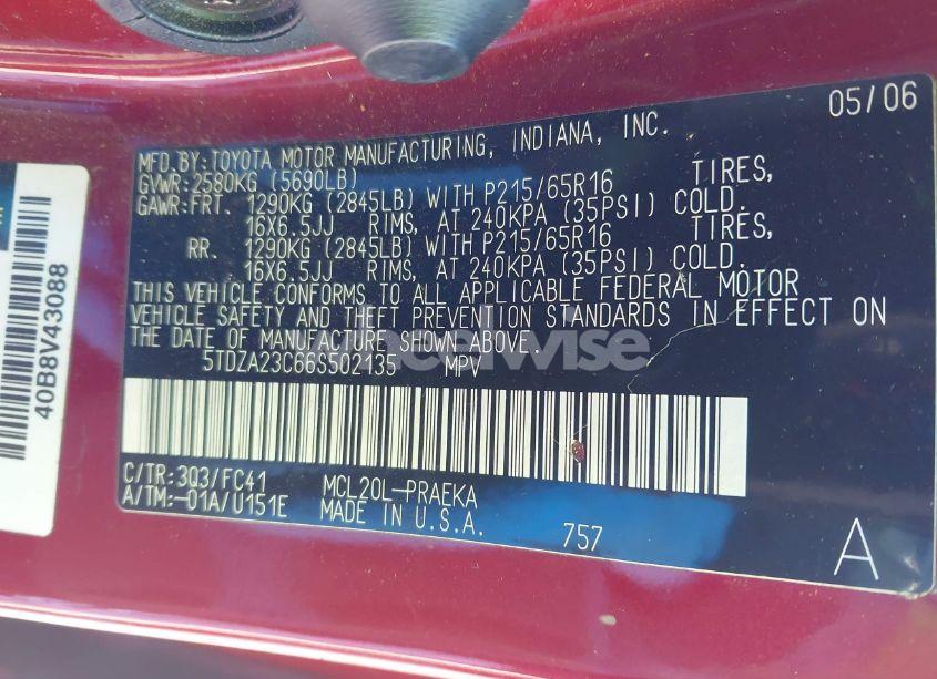 Photo 9 of 2006 Toyota Sienna LE (VIN 5TDZA23C66S502135)