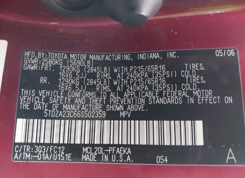 Photo 9 of 2006 Toyota Sienna LE (VIN 5TDZA23C66S502359)