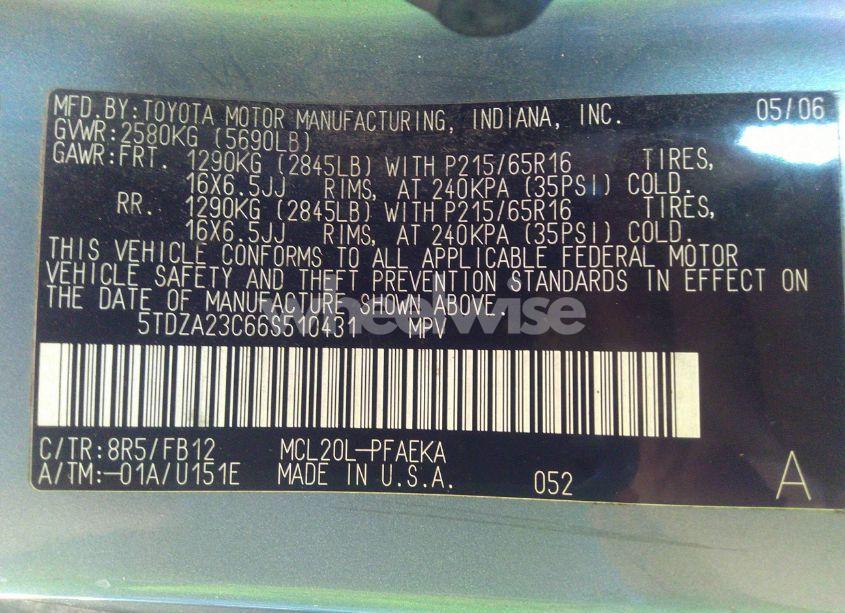 Photo 9 of 2006 Toyota Sienna CE (VIN 5TDZA23C66S510431)