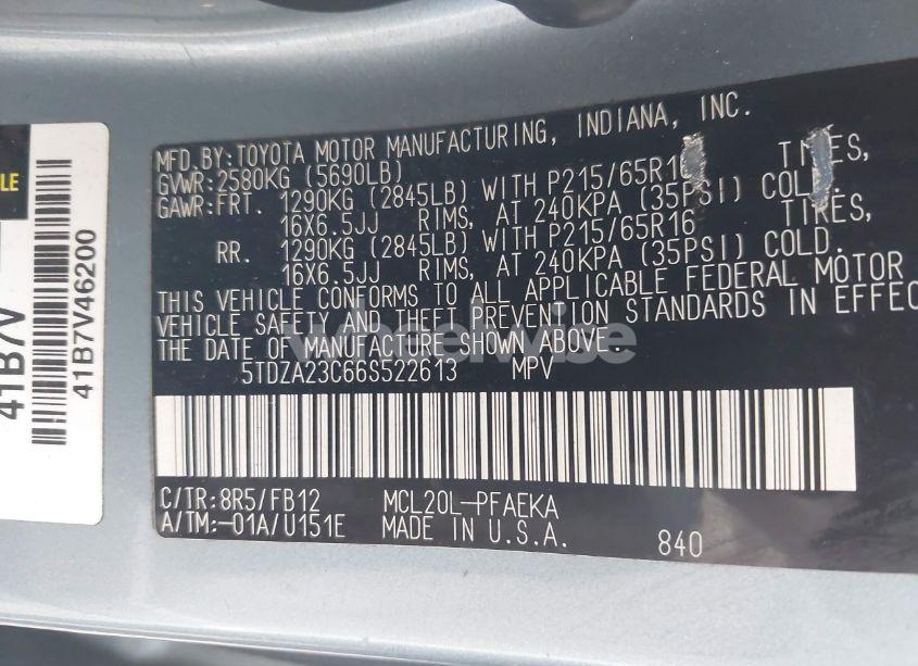 Photo 9 of 2006 Toyota Sienna CE (VIN 5TDZA23C66S522613)
