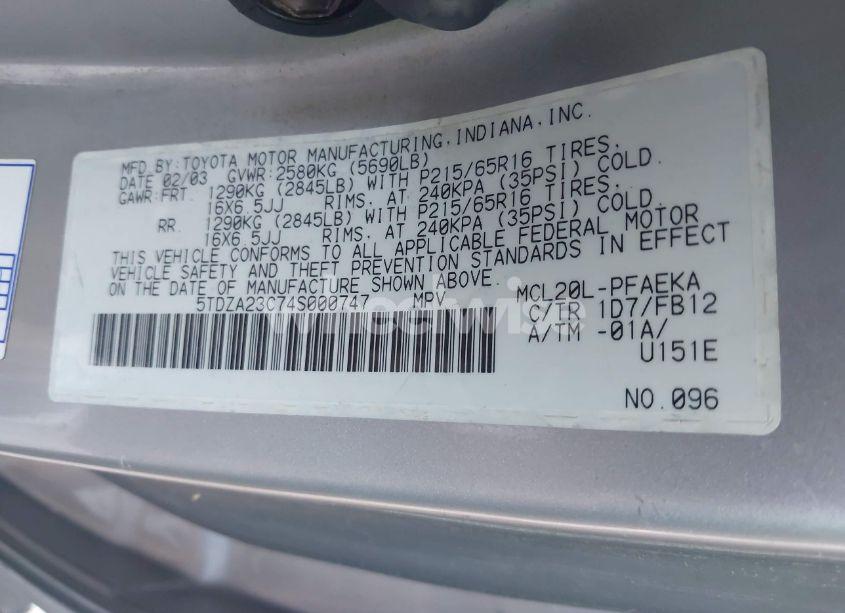 Photo 9 of 2004 Toyota Sienna LE (VIN 5TDZA23C74S000747)